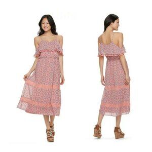 New Rewind Midi Dress Mosaic Fringe-Trim Cold Shoulder Strap Boho Juniors S $48